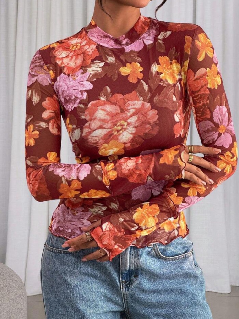 Floral Mesh Long-Sleeve Top - Brown with Orange & Pink Flowers